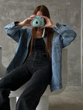 Vintage Washed Blue Cotton Denim Shirts For Women Autumn Wintr Long Sleeve Loose Blouse Casual Lapel Shirt Female
