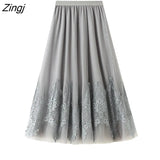 Skirt Women High Waist Lace Mesh Long Skirt Female Spring Vintage Korean Black Beige A-line Pleated Midi Skirt Faldas