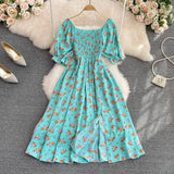 Zingj Summer New French Soft Style Sweet American Collar Bubble Short Sleeves Waist Show Thin Forked A-Shaped