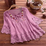 Cotton Linen Stitching Lace Elegant Solid Color V-neck Loose Women's