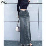 Fall Blue Jean Maxi Skirts For Women Streetwear 2022 High Waist Denim Lon Skirts Ladies Casual Fashion Cargo
