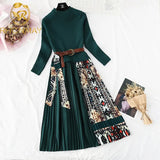 Women's Knitted Patchwork Printing Pleated Dress Autumn Fashion Long Sleeve O Neck Belt Midi