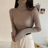 Winter Knitted Turtleneck Sweater Basic Rib Fall Casual Slim Pullover Womens Elasticity Jumper Pull Femme With Thumb
