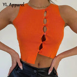 Women Y2K Solid Sleeveless T-shirt Tank Top Sexy 2022 Spring Summer Single Breasted Hollow Out Knitted Crop Top