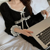 Sexy Long Sleeve Pajama Sets Women Spring Fall Casual V-neck Lace with Padded Female Casual Lounge Wear Sleepwear