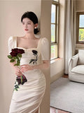 Women Elegant Midi Satin Rose Dress Summer Lady Fashion Sexy Party Female Slim One Piece Clothes