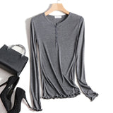 Thin Sexy Elasticity T Shirt Women T-Shirt Long Sleeve Tshirt 2021 Button V Neck Tops Summer Korean Fashion Clothing