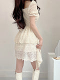 Sexy Sweet Lace A-Line Dress See Through Slim Square Collar Puff Sleeve Mini Dresses For Women 2022 Summer Fashion