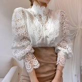 Flower Lace Blouse Women Korean Style Stand Collar Hollow Out Elegant White Shirt Spring Autumn Fashion Ladies