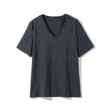 2022 Summer Casual Solid V-Neck T-shirt Women Knitted Cotton Basic Short Sleeve Tops Female Soft White Tee Shirt