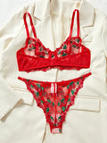 Red Cherry Embroidery Sheer Lingerie Set- Outfit