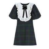 Plaid Dress Vintage Round Neck Bow-Knot Puff Short Sleeve Casual Fashion High Waist Baggy Short Skirt Ladies