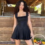 Zingj Women's Summer Hot Style Black Sexy Long Skirt Wood Ear Square Collar Hot Girl Show Thin Sling A Word