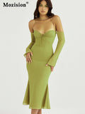 Green Mesh Strapless Lace Up Midi Dress For Women Robe Summer New Long Sleeve Zipper Backless Long Dress