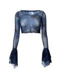 Cropped Flare Cuffs Mesh Blouse- Outfit
