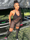 Sexy Mesh Women 2 Piece Set Halter Lace Up Low Neck Sleeveless Romper+Thong Panties Workout Midnight Clubwear