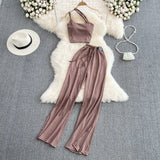 Zingj Suit Women's Wide Leg Pants Women's High Waist Down Loose Straight Leg Casual Pants Two Polyester Diagonal Collar Average Size Vest