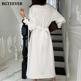 Summer Turn-down Collar Women Midi Dress Full Sleeve Single-breasted Female Shirt Dress Ladies Side Split Solid