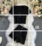 Fashion Suit Women's Summer tops Sexy Hot Short Top T Shrit + High Waist Knitting Sexy Women Shorts Two Piece Set