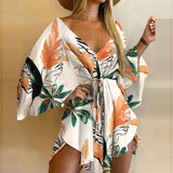 Women Elegant Dresses Sexy V Neck Lace-up Floral Print Mini Dress Casual Flared Sleeves Irregular Ladies Party