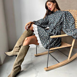 Zingj 2023 Women's French Elegant Bubble Sleeve Floral Dress Women's Standing Collar Waist Long Sleeve A-Line Skirt-Outfit