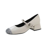 Fragrant Wind Thin Height Retro French Single Shoes Small Fragrant Wind Silver Lily One Word Temperament Light-Mouthed Mary Treasure