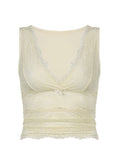 Vintage Lace Floral Mini Vest Summer Party Clubwear for Women Sleeveless V-neck Slim Fit Solid Tank Cropped Tops