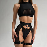 High Neck Mesh Tank Lingerie Set-Outfit