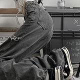 And Winter Women Bottoms Black Vintage Fashion High Waist Jeans Ripped Baggy Wide Leg Pants Street Straight Denim