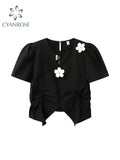 New Women's T-shirt Vintage Black Short Sleeved Crop Tops Streetwear Harajuku Y2K Casual Sexy Slim Female Clothes Tees