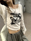 Pleated Grunge Tee Shirts Femme Slim Fit Y2k Aesthetic Letter Print Long Sleeve Cropped Top Women Fashion All Match