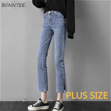 Jeans Women Straight Slim Denim Plus Size Korean Style Side Slit Ankle-length College Trendy All-match Female Bottom