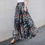 Skirts 2019 Summer Mesh Flower Print Elastic Waist Bohemian A-Line Sweet Chiffon Long Female Bottoms Ladies Casual