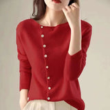 Bump Shirt ~ 2025 Autumn And Winter Single Row Buckle Cashmere Cardigan Women Solid Color Cashmere Low Round Collar Thin Knitted