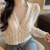 Spring New Korean Style Short White Lace Shirt Women V-neck Long Sleeve Cardigan Vintage Women Blouses Elegant Blusas