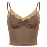 SUCHCUTE Goth Aesthetic Lace Patchwork Tank Tops For Women Sexy V-Neck Brown Retro Crop Tops Summer 90s Fashion Casual