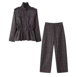 Suit 2025 Spring And Summer Linear Print Long-Sleeved Loose Shirt High-Waist Straight Trousers
