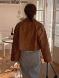 Fashion Elegant Leather Jacket Women Winter Streetwear Cropped Faux Fur Coat High Street Vintage Moto Biker Zipper