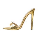 Onlymaker Women's Peep Toe Mules Gold Slip On Thin High Sandals Big Size Classic Fashion Lady Sandals