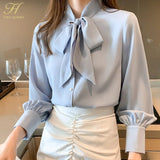 Han Queen New Arrival Shirt Womens Blouse Vintage Work Casual Tops Chiffon Blouse Bow Elegant Loose Women Business