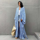 Blue Casual Long Sleeve Ankle Length Belt Long Kimono Dress Plus Size Women Clothing Plus Size Vintage Maxi Dress