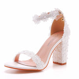 Cm Thick Heel Shallow Mouth With Beaded Square Sandals White Lace Wedding Shoes Coarse Heel