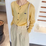Women's Cashmere Cardigan Autumn Korean Small Spaceship Embroidered O Neck Light See Through Thin Button Sweater