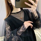 Zingj Spring Autumn New Sweater Women Inside And Outside The Fashion Jacket Hollow Lace Thin Bottom Shirt Women-Outfit