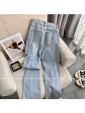 High Waist Women's Fashion Jeans Ladies Sweet Bow Wide Leg Pants Ripped Hole Trousers Fashion All-Match Bagge