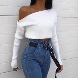 Women's Spring New Sexy Fashion Long-Sleeved Knitted Shirt Slanted Shoulder Sweater Top
