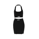 Autumn Sexy Tight Full Sleeve Tops T Shirt Navel Hanging Neck Vest Tank + High Waist Hip Mini Skirt Set