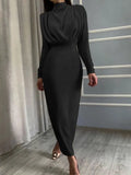 Elegant Women Dress Stand Collar Slim Waist Solid Blue Ankle Length Autumn Long Sleeve Casual Party Dress