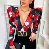 Spring Elegant Boho Print Bodysuits Rompers Women Jumpsuits Puff Sleeve Skinny Sexy V-neck Bodies Ladies Casual