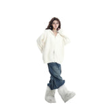 Autumn White Double Zipper Hooded Stingy Sweater Cardigan Soft Mashed Sweet Hot Girl